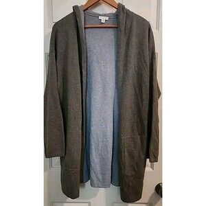 Pure Jill Cardigan Gray Sm Hooded  Open Front Long Sweater Pockets Cotton Wool